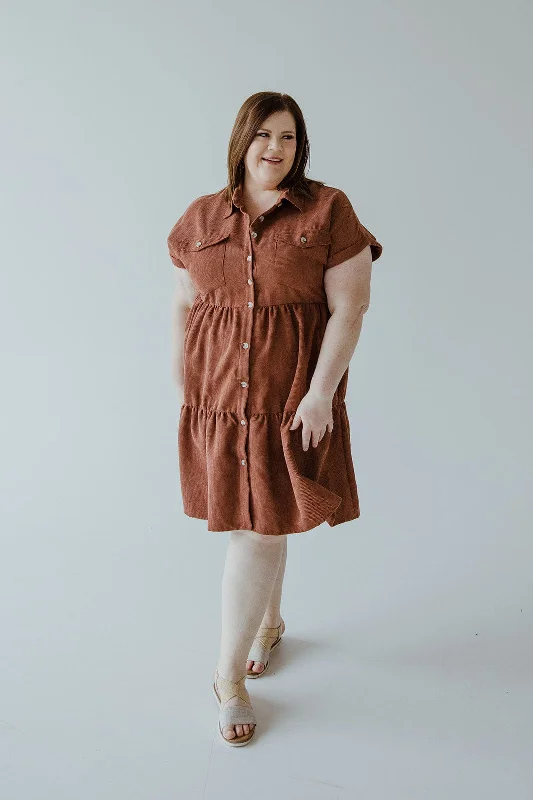 CORDUROY BUTTON FRONT KNEE LENGTH DRESS IN RUSTED TERRACOTTA
