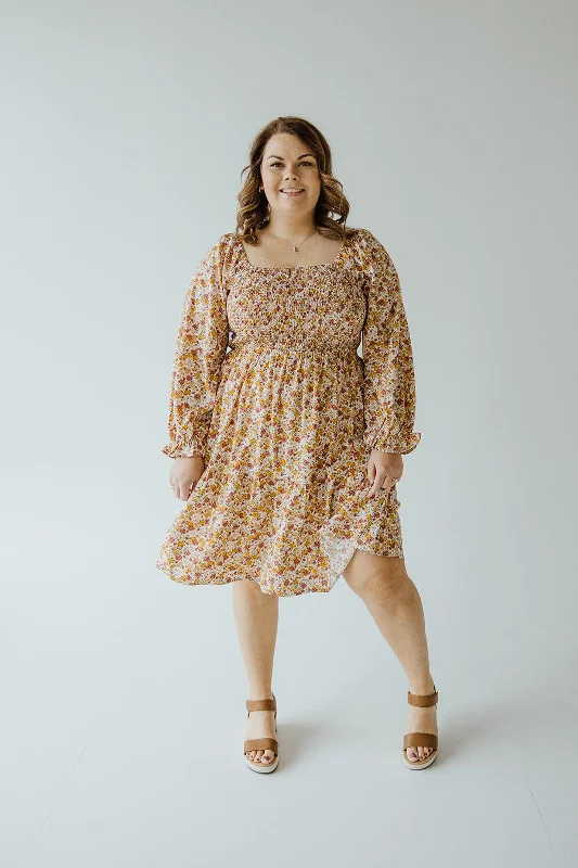 LONG SLEEVED SMOCKED BODICE FLORAL DRESS