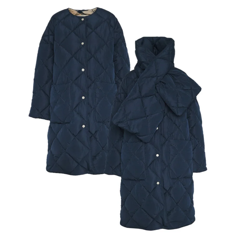 Barbour Brigitte Ladies Puffer Coat & Scarf - Navy/Sky Dress Tartan Zip Front Button Front Snap Front
