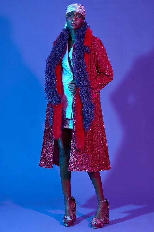 Hot Pink Sequin Maxi Trench Coat Bolero Crop Top Camisole