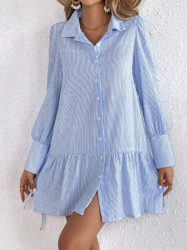 VCAY STRIPED PRINT KNOT CUFF RUFFLE HEM SMOCK DRESS