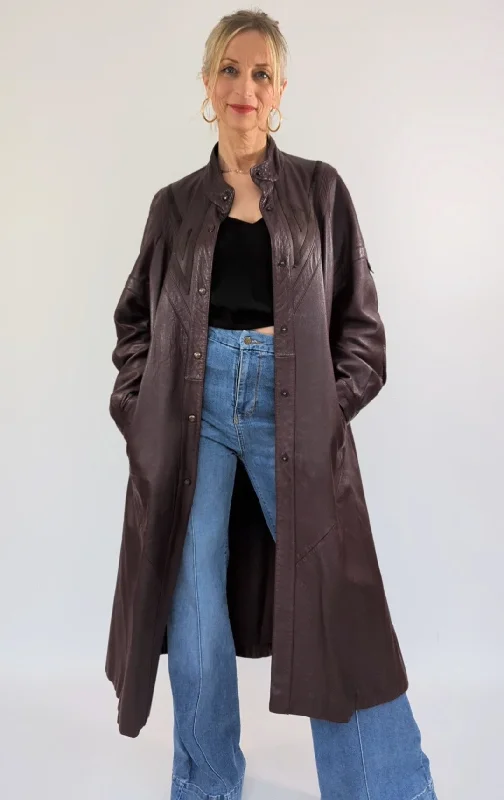 1980s Leather Applique Long Leather Coat Striped Polka Dot Solid