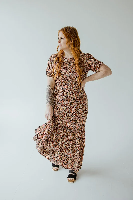 SCOOP NECK MIDI LENGTH DRESS WITH KICK HEM IN AUTUMN BOUQUET