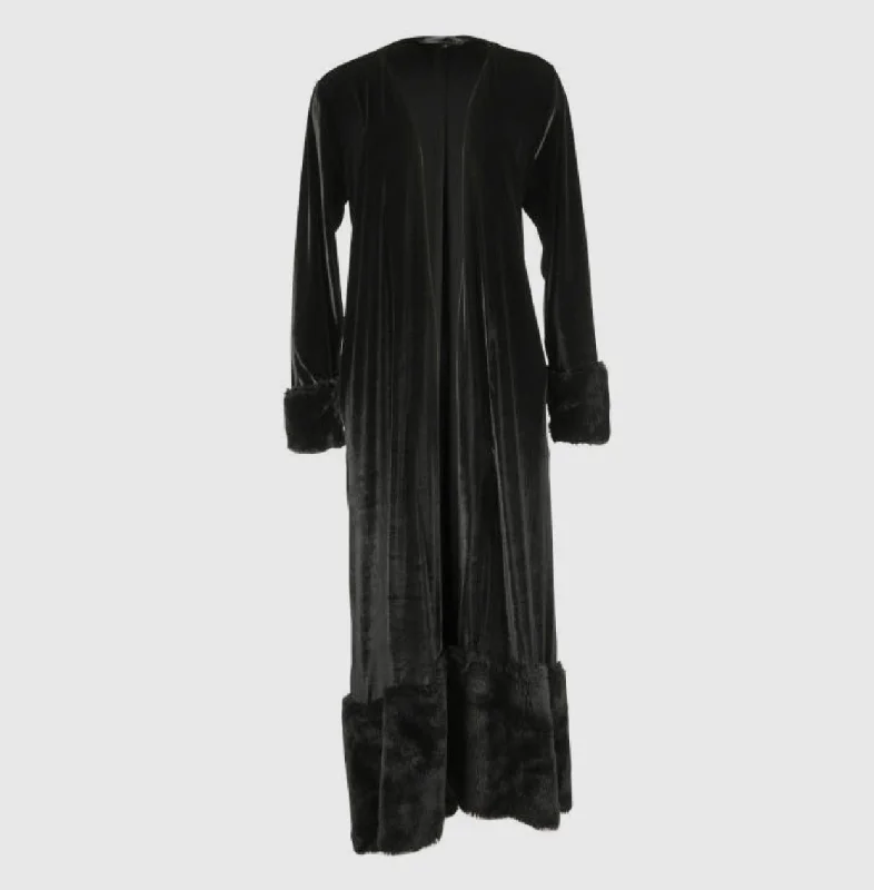 Black Velvet Maxi Coat Faux Fur M Embroidered Appliqued Beaded