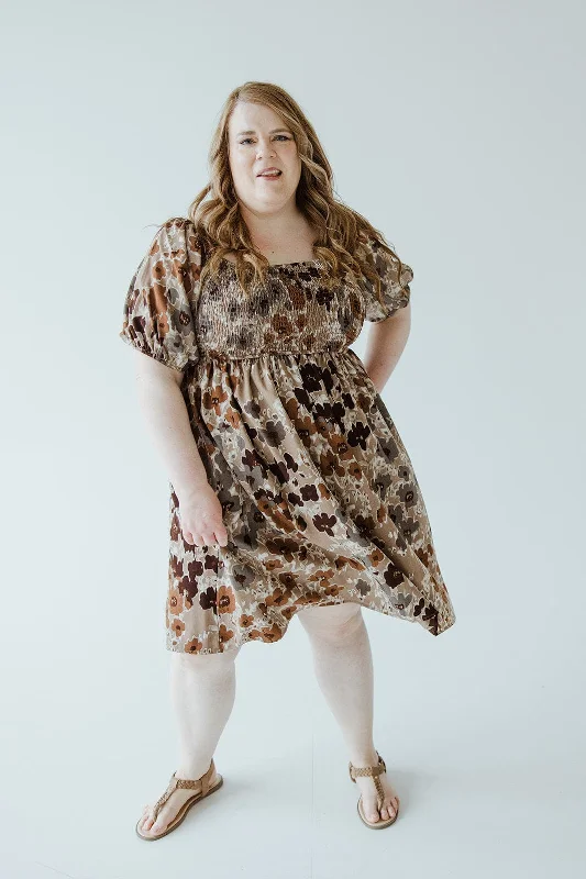 LARGE FLORAL SMOCKED BODICE DRESS IN COPPER MEDLEY