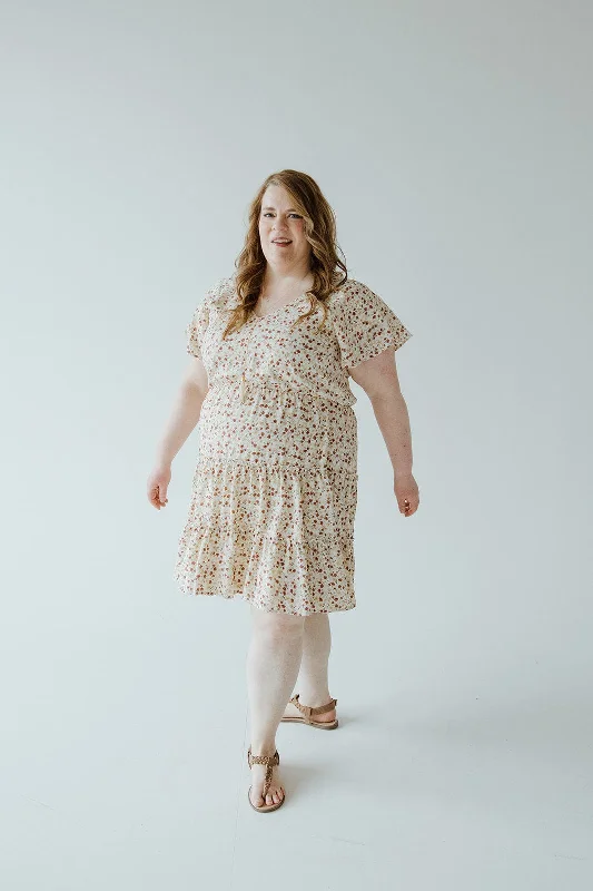 MIDI-LENGTH TIERED FLUTTER SLEEVE FLORAL DRESS IN CINNAMON CLOVE