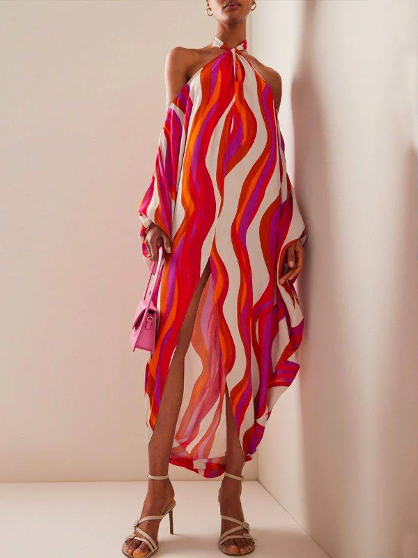 WOMEN STRIPED SPRING FALL VACATION HALTER NATURAL LOOSE LONG H LINE REGULAR DRESSES