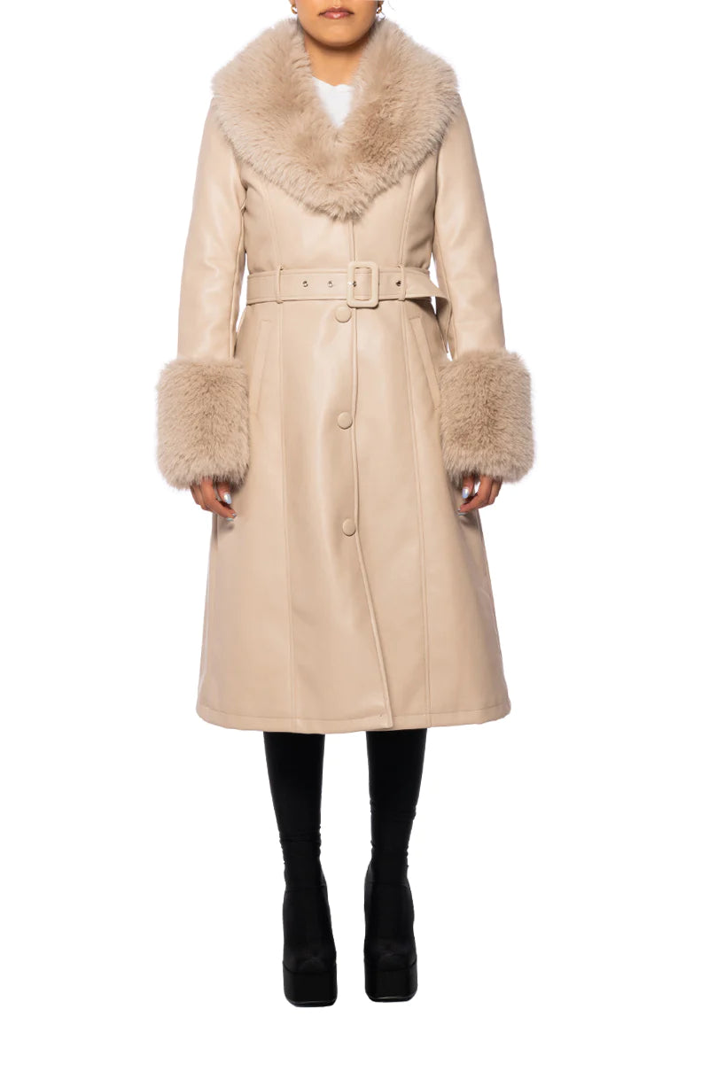 BEIGE FAUX FUR LEATHER COAT Nylon Polyester Spandex