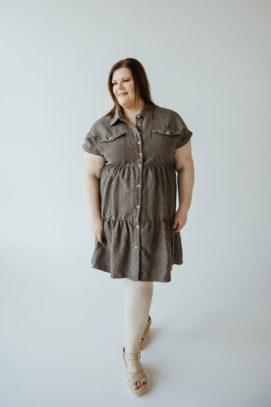 CORDUROY BUTTON FRONT KNEE LENGTH DRESS IN SMOKY OLIVE
