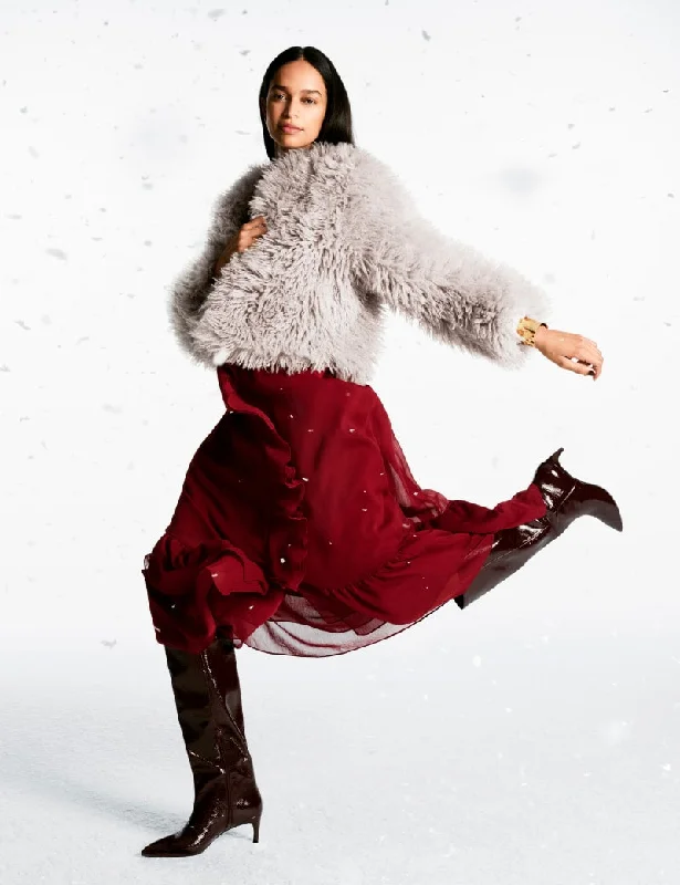 Faux Fur Collarless Short Coat Rayon Velvet Corduroy