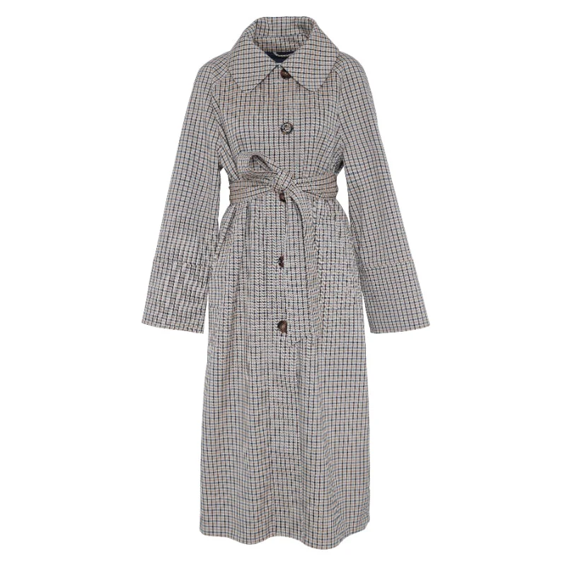 Barbour Beatrix Check Showerproof Ladies Trench Coat - Sky Micro Check Trim Padded Insulated