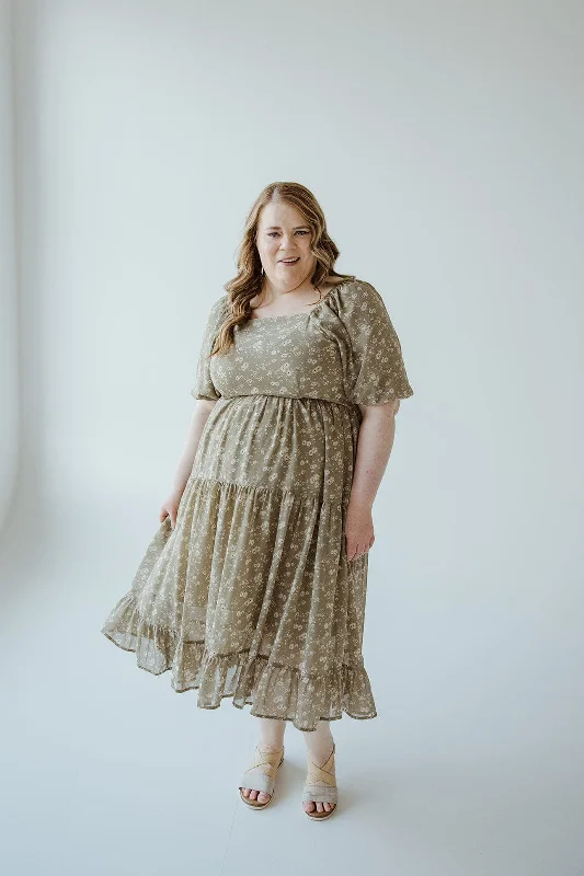 BUBBLE SLEEVE MIDI LENGTH FLORAL DRESS IN MATCHA