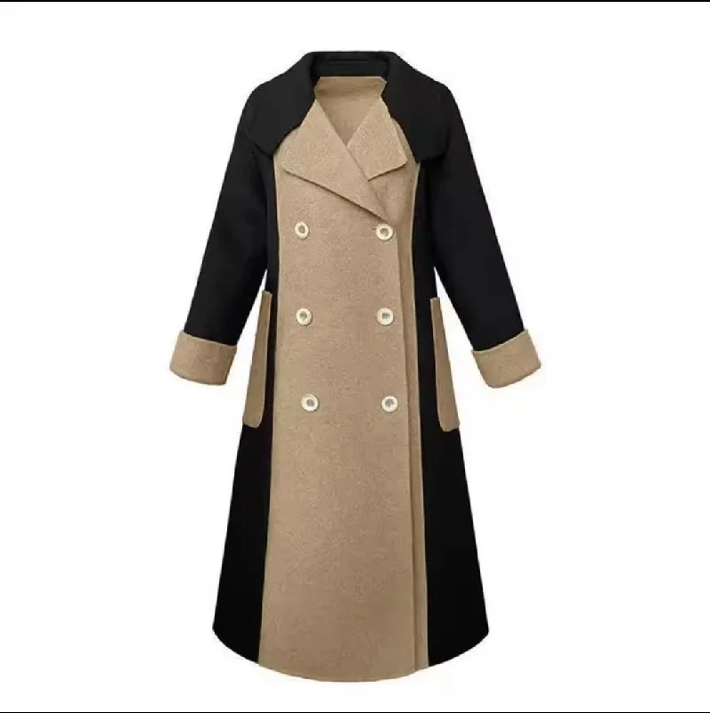 Women's Color Matching Double Breasted Mid-Length Winter Coat S4578965 2XL Herringbone Houndstooth Plaid