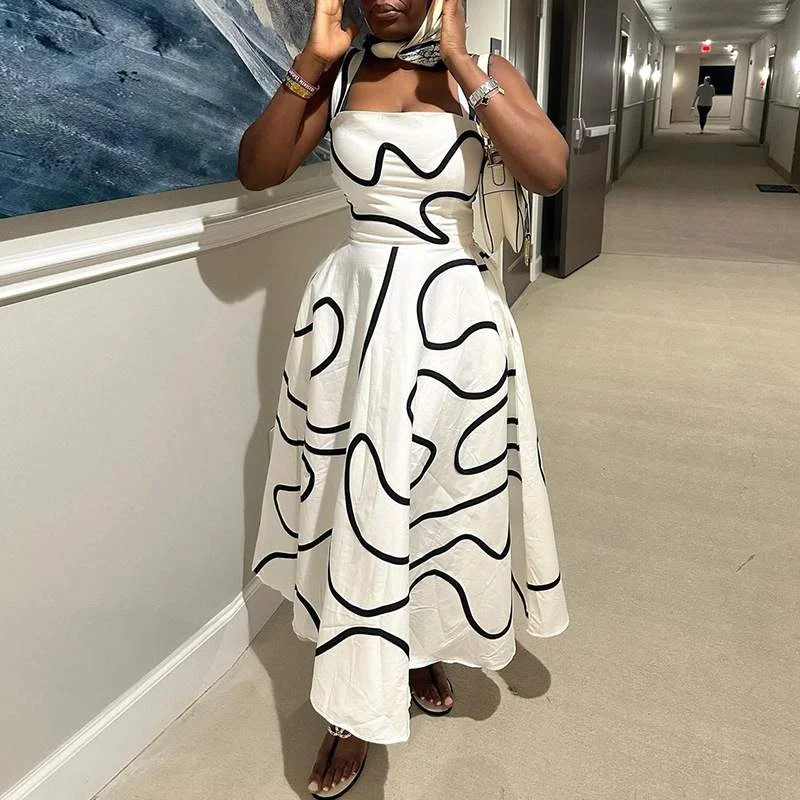 EUROPE THE UNITED STATES WOMEN S CLOTHING SUMMER NEW FASHION SQUARE COLLAR PRINTED WAIST SLIMMING LONG SLING DRESS