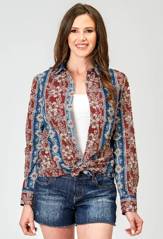 WOMENS LONG SLEEVE BUTTON VERTICAL TROPICAL AZTEC WESTERN SHIRT Cotton Fabric Linen Fabric Terry Fabric