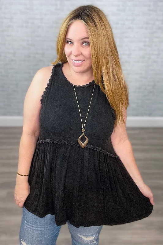 "Fit to Flatter" Babydoll Lace Trimmed Tank Top with Back Zipper - Black {POL} stretchy tank top