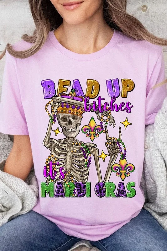 Bead Up Bitches It's Mardi Gras Graphic Tee Houndstooth Herringbone Solid
