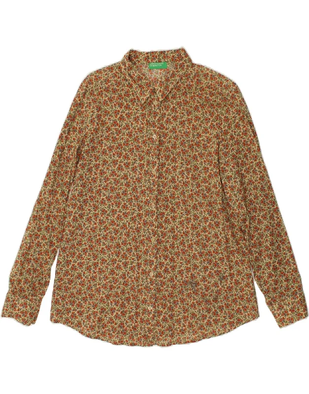 BENETTON Womens Shirt UK 16 Large Beige Floral Real Fur Shearling Chenille