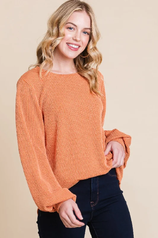 BOMBOM Long Sleeve Curved Hem Ribbed T-Shirt Iron Safe Non-Iron Wrinkle Free