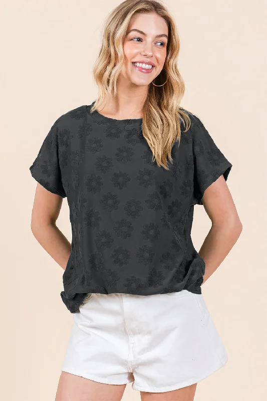BOMBOM Textured Floral Pattern Short Sleeve T-Shirt Denim Fabric Leather Fabric Suede Fabric