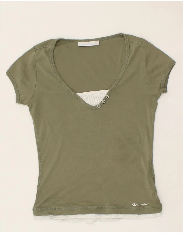 CHAMPION Womens T-Shirt Top UK 8 Small Green Cotton Graphic Embroidered Appliqued
