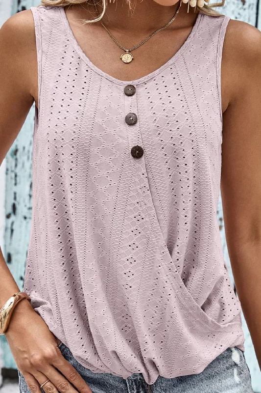 Decorative Button Hem Detail Eyelet Tank cutout tank top