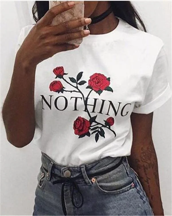 hoombox Fashion Casual Rose Printed  T-Shirt With High Round Collar Handmade Hand-knitted Hand-woven