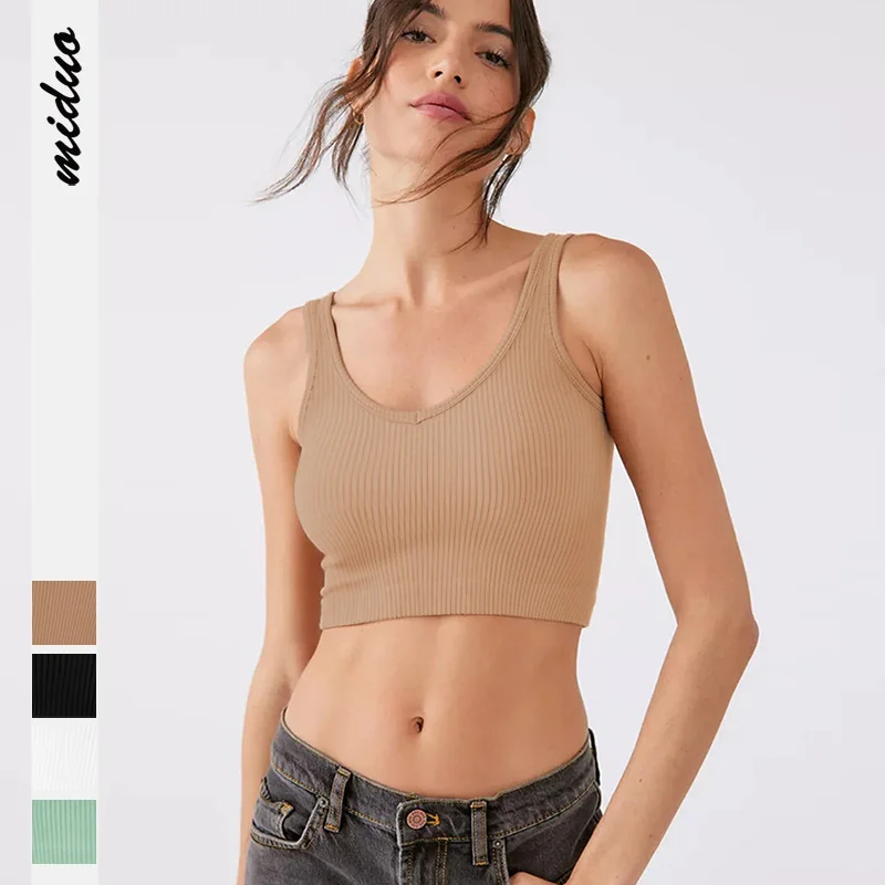 Fashion Edgy Women Rib-Knit Sexy Solid Color U-Neck Basic Cropped Tanks activewear tank top
