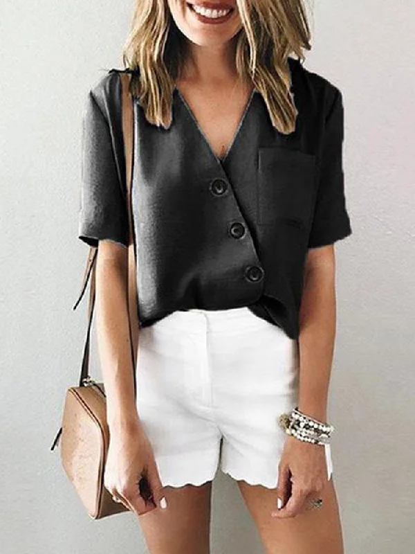 hoombox Fashion Pure Color V Neck Short Sleeves Irregular Shirt Elegant Classic Vintage