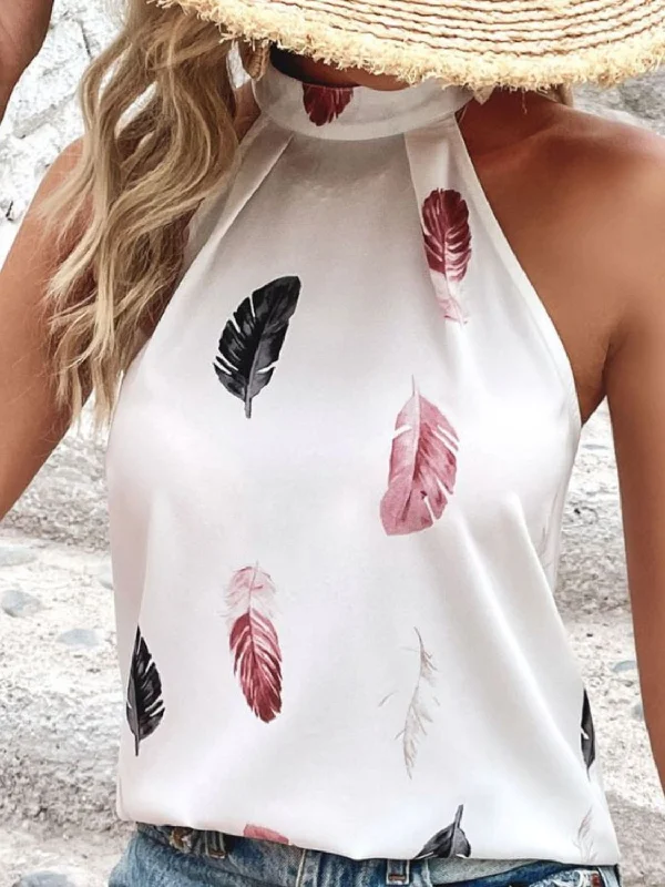 Feather Print Grecian Neck Tank crew neck tank
