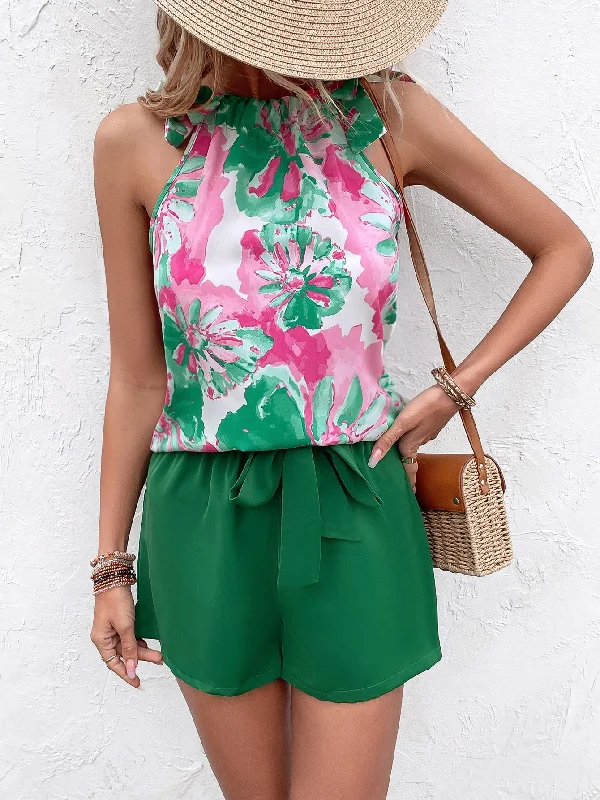 Floral Tied Round Neck Tank rhinestone tank top