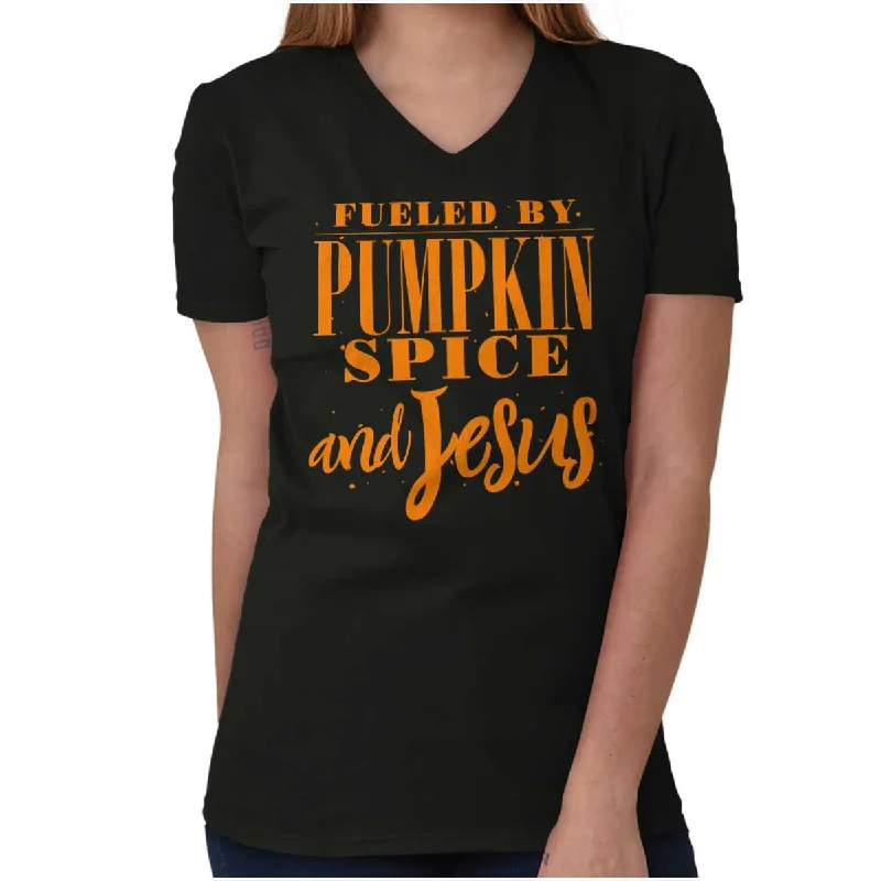 Fueled by PSLs and Jesus V-Neck T Shirt Spandex Blend Rayon Blend Denim Blend