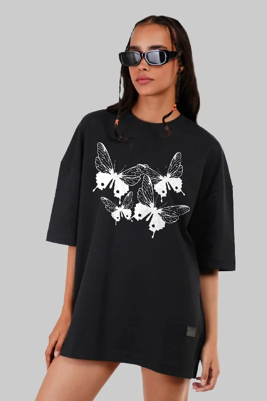 Glowing Butterflies Black Baggy Fit T-Shirt Women Cozy Warm Stylish