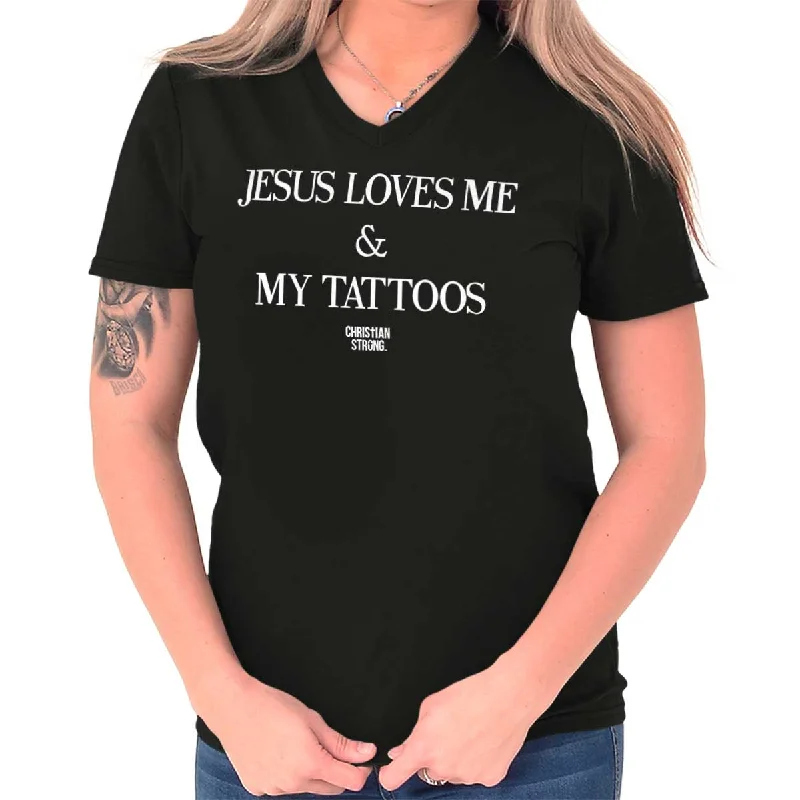 Jesus Loves My Tattoo V-Neck T Shirt Welt Pockets Slit Pockets Flap Pockets