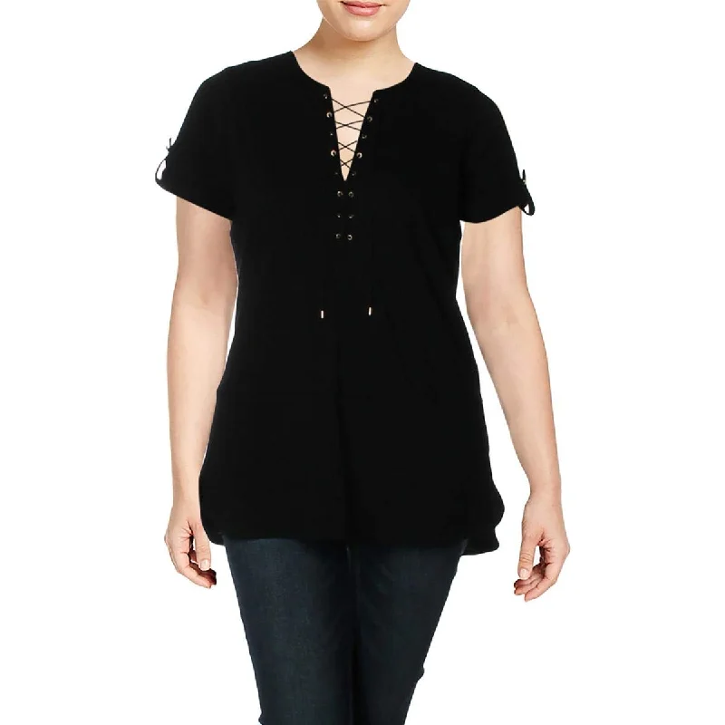 Lauren Ralph Lauren Womens Plus Lace-Up Embellished T-Shirt Mesh Blend Leather Blend Suede Blend