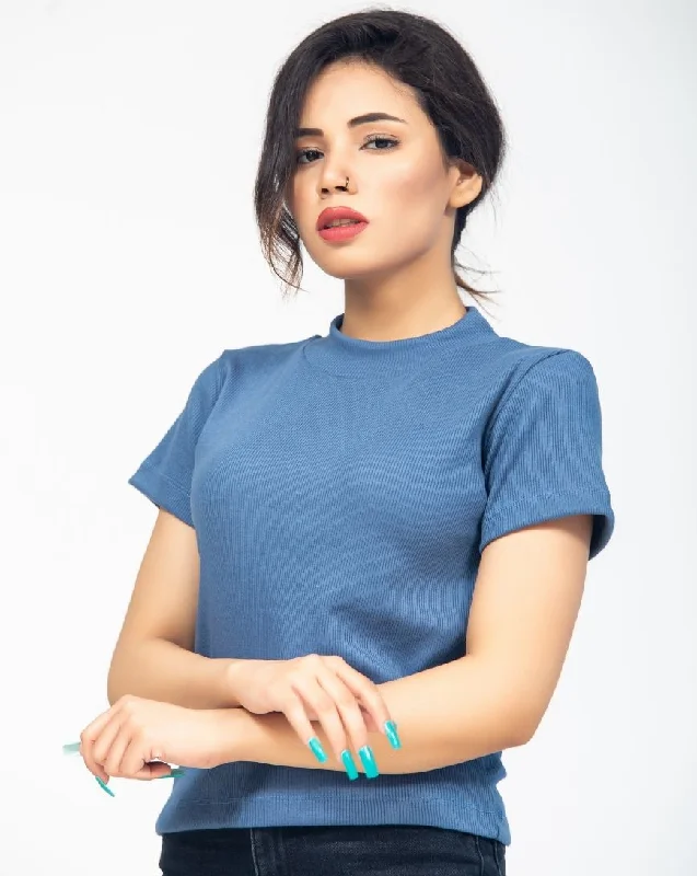Mock Neck Cropped Tee - Blue Striped Floral Plaid