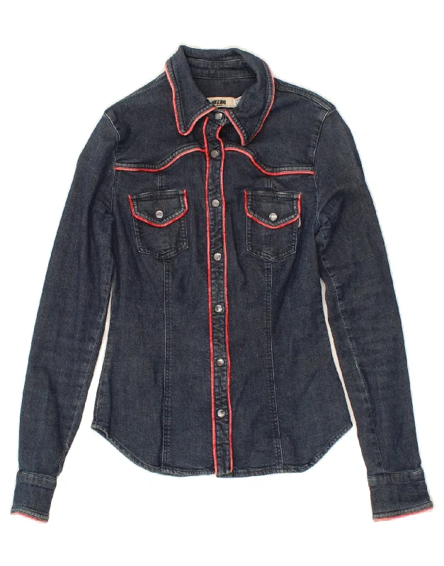MOSCHINO Womens Denim Shirt UK 12 Medium Navy Blue Cotton Satin Fabric Silk Fabric Chiffon Fabric