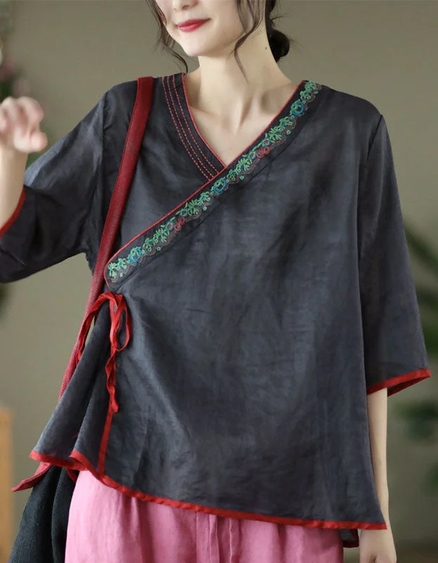 Oriental Style Embroidery Ramie V-neck Shirt Zippered Front Buttoned Front Snap Front Oriental Style Embroidery Ramie V-neck Shirt Zippered Front Buttoned Front Snap Front