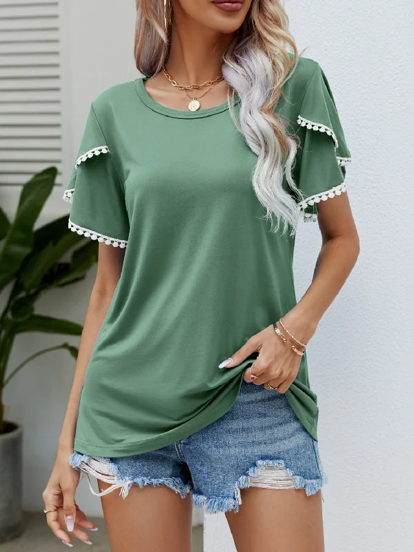 Pom-Pom Trim Flutter Sleeve Round Neck T-Shirt Cozy Warm Stylish