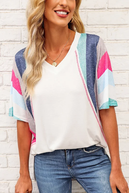 Rainbow Stripe Slit V-Neck T-Shirt Terry Blend Velvet Blend Canvas Blend