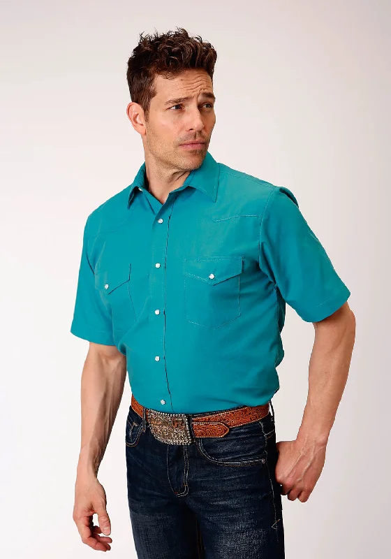 Roper Mens Teal Cotton Blend 55/45 Solid S/S Shirt Notch Collar Peter Pan Collar Cowl Neck