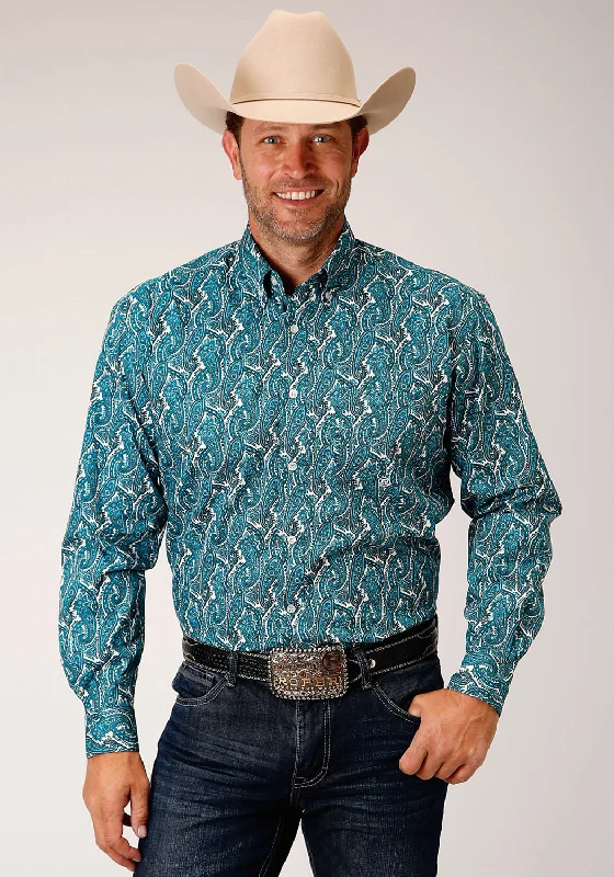 Roper Mens Turquoise 100% Cotton Upstream Paisley BD L/S 1 Pkt Shirt Graphic Embroidered Appliqued