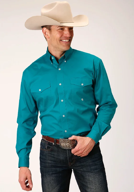 Roper Mens Turquoise Cotton Blend Poplin Stretch BD L/S Btn Shirt Chenille Blend Fleece Blend Nylon Blend