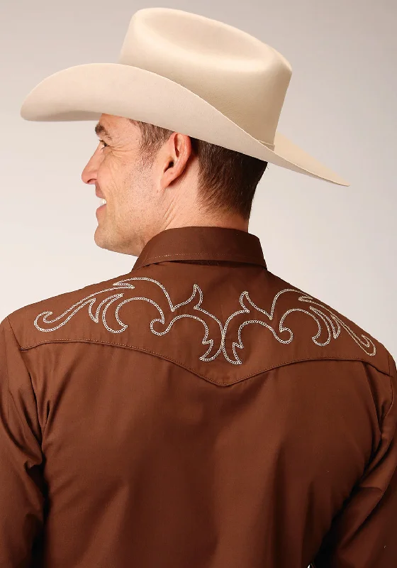 Roper Mens Warm Brown Cotton Blend Western Scroll L/S Shirt Elasticated Padded Insulated