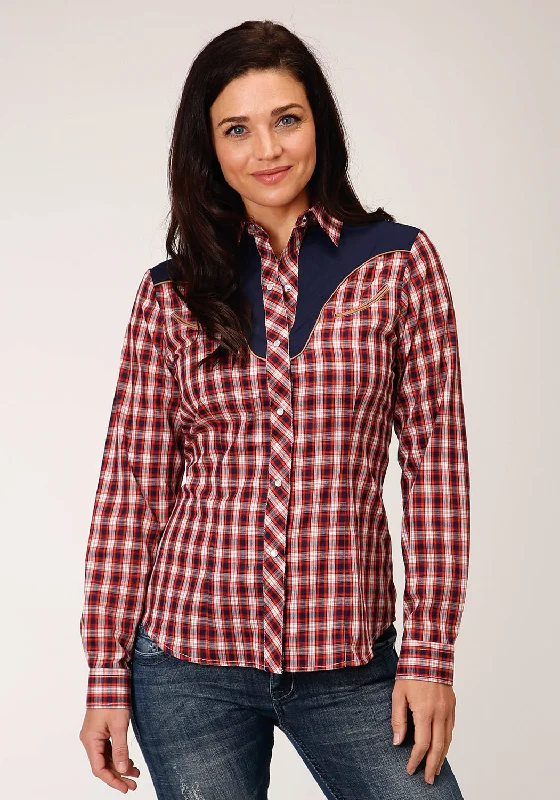 Roper Womens Red/Navy Cotton Blend Small Plaid L/S Fancy Shirt Print Jacquard Patchwork