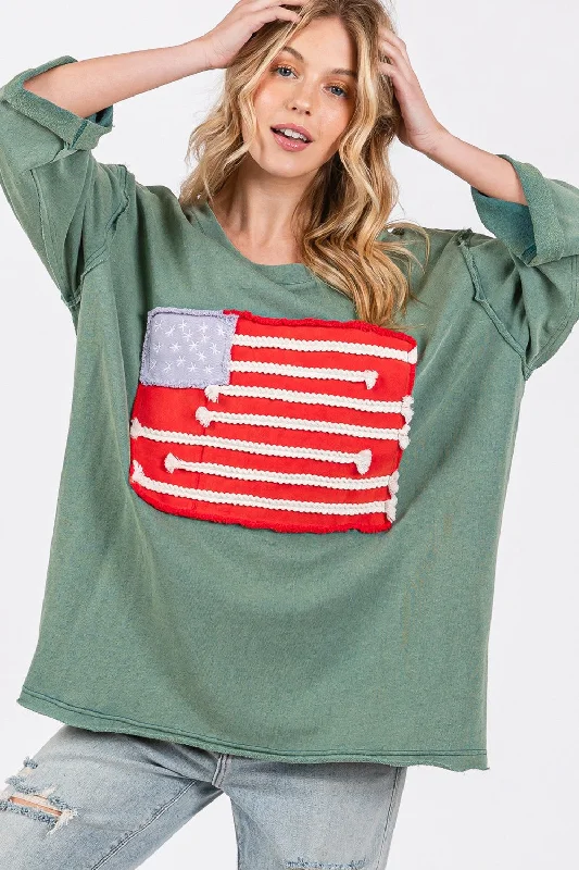 SAGE + FIG Full Size American Flag Patch Drop Shoulder T-Shirt V-Neck T-Shirt Long Sleeve Cotton SAGE + FIG Full Size American Flag Patch Drop Shoulder T-Shirt V-Neck T-Shirt Long Sleeve Cotton