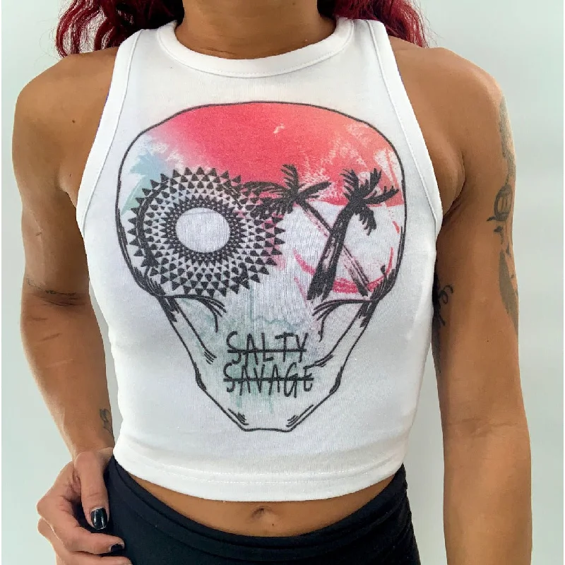 Salty Savage Ladies “Dead N Gone” High Neck Sleeveless Crop Tank cherry red tank