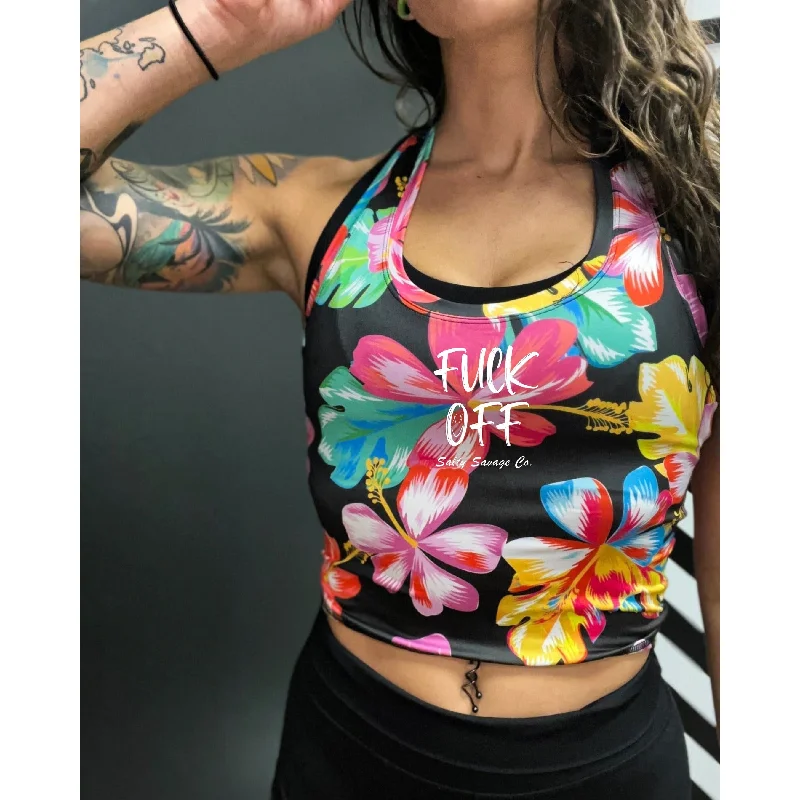 Salty Savage Ladies “Fuck Off” Racerback Performance Crop Tank | Hawaiian Flowers modal blend tank