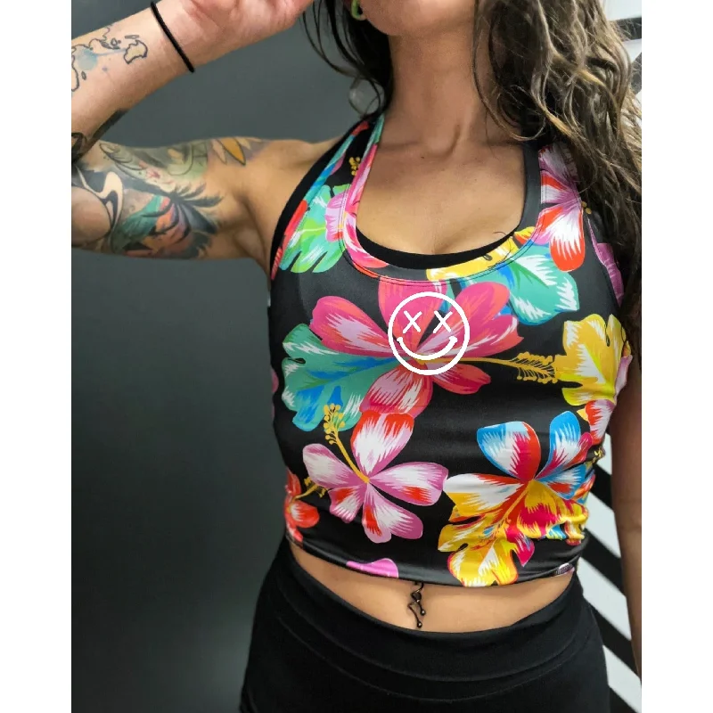 Salty Savage Ladies “OG Smile” Racerback Performance Crop Tank | Micro | Hawaiian Flowers vibrant tank top