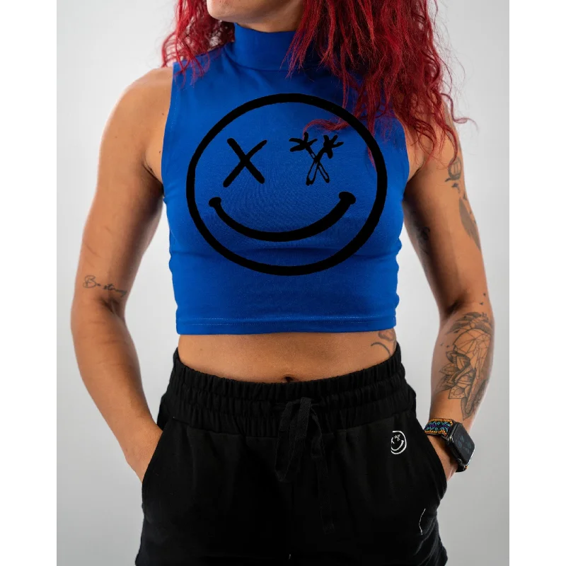 Salty Savage Ladies “Spliced Smile” Mock Neck Sleeveless Crop Tank rhinestone tank top